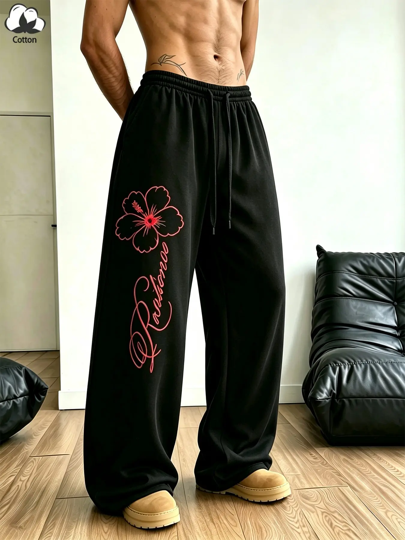 Unisex Hibiscus Flower Script Print Wide Leg Sweatpants, Cotton Drawstring Waist Baggy Floor Length Trousers, Hawaiian Casual Streetwear Joggers Multi Color