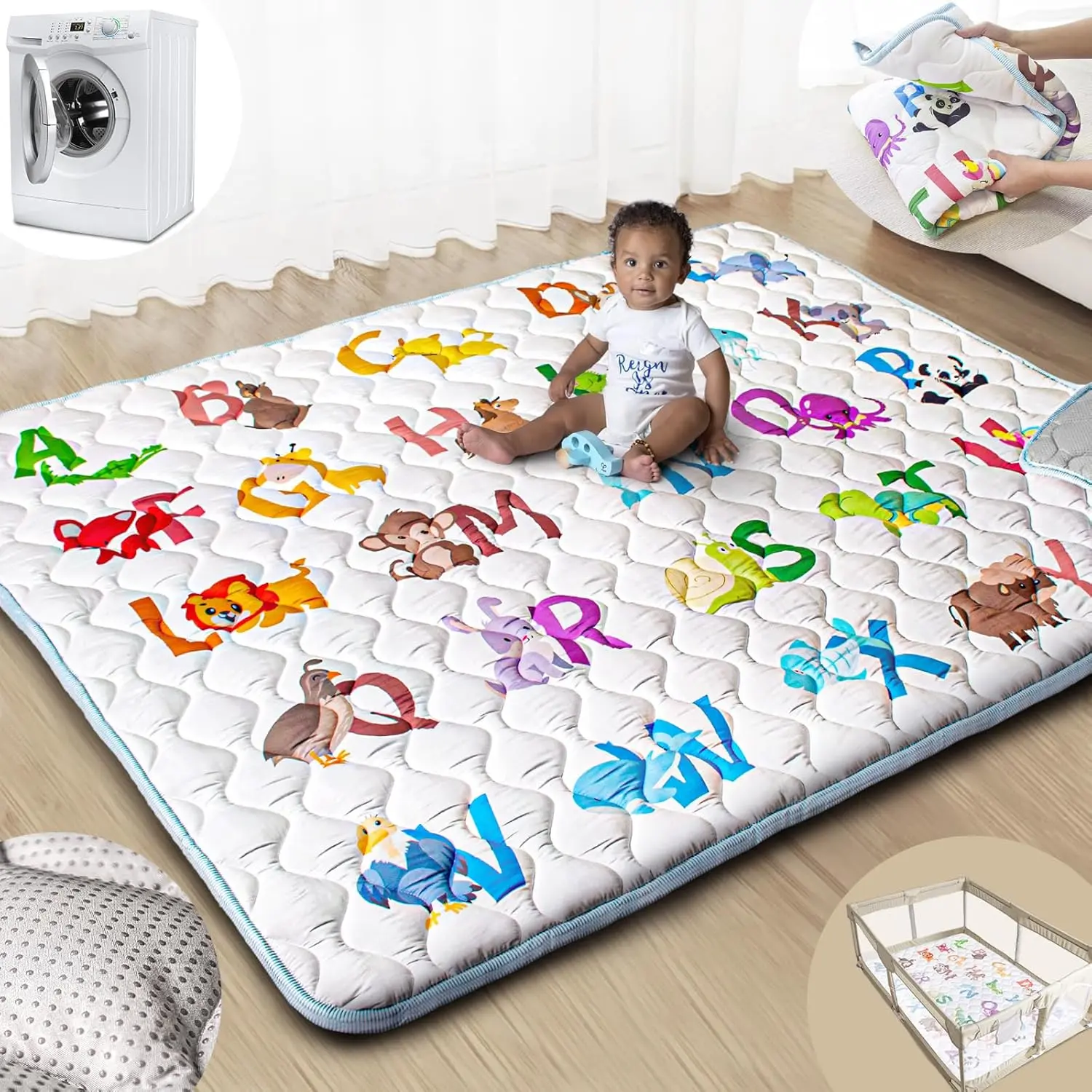 Unisex Baby Floor Play Mat, 71"x59" Larger Upgraded Thick Super Soft Alphabet Print Animal Letters Design, Anti-Slip Base, Foldable Size, Washable Crawling Mat for Toddlers, Playpen Compatible, Washable Mat