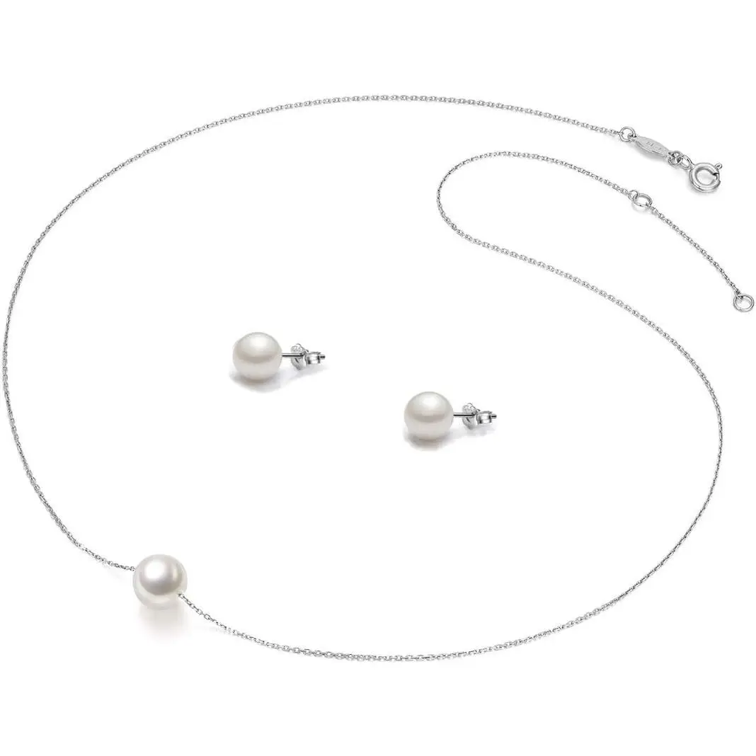 Women's Classic Pearl Jewelry Set, Simple 8-9mm Floating Pearl Necklace and Silver Stud Earrings, Wedding Gift for Bridesmaids, Classic Fashion, Simple Chain Necklace, Floating Pendant, Female, Round, Single Pearl
