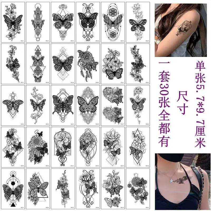 30-Piece Black Butterfly Temporary Tattoos Set for Women, Waterproof & Long-Lasting, Realistic Dark Style Small Designs, High-End Aesthetic Stickers for Collarbone & Arm