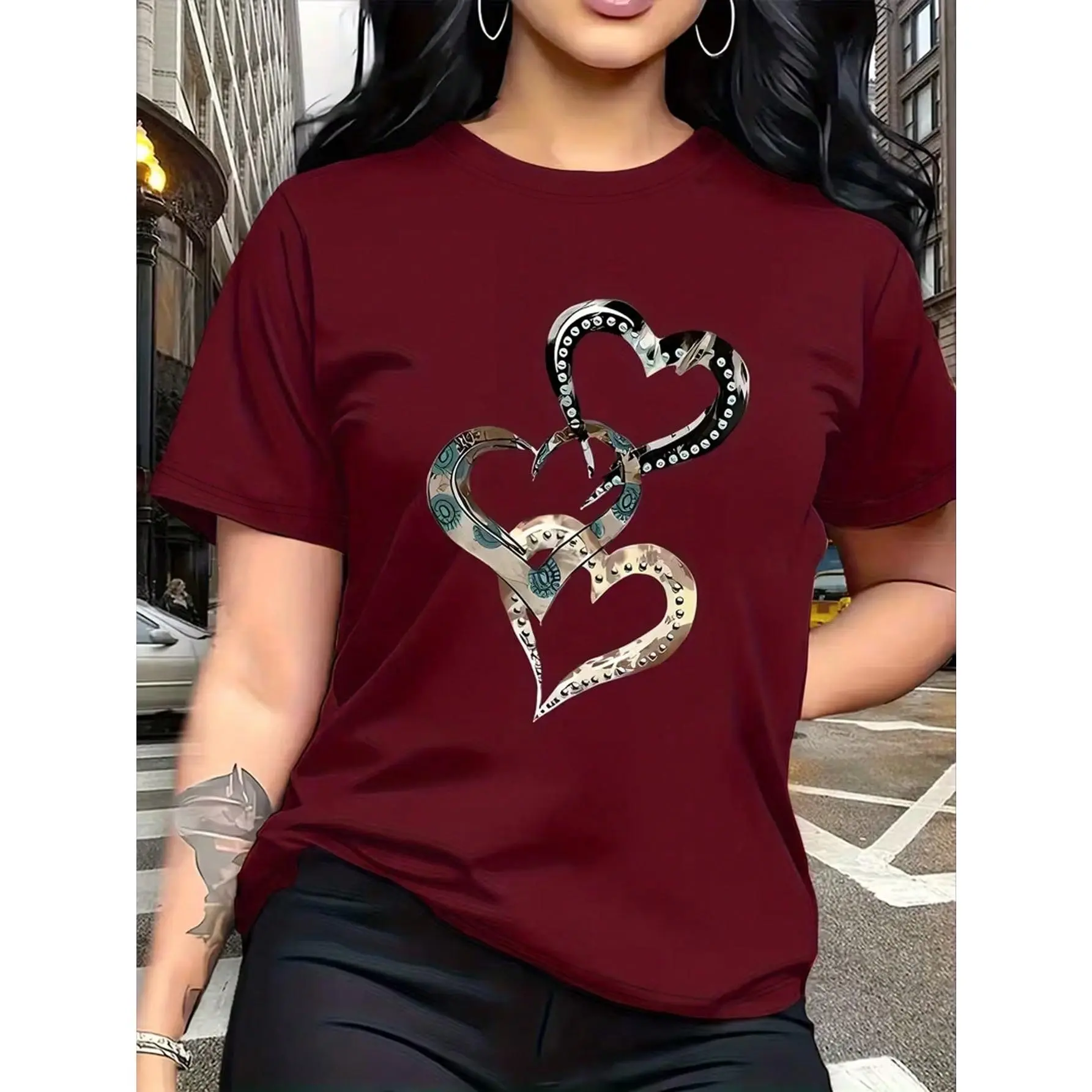 Women's Knitted Geometric Heart Print Short-Sleeve Round Neck T-Shirt, Comfortable Fabric, Flattering Fit, Casual Wear, Shortsleeve, Top, Tshirt, Regular Fit, Polyester Spandex Women's T-Shirts, Knit Fabric