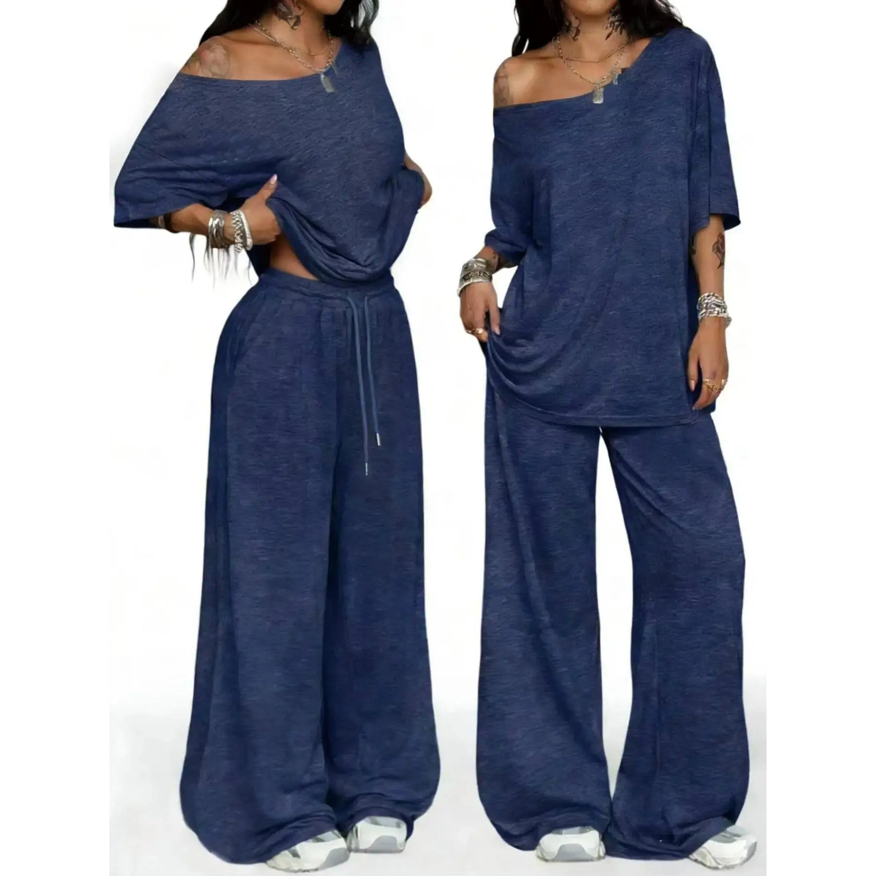 Women's Casual Solid Color 2-Piece Matching Set Slant Neck Top & Wide Leg Pants Lounge Outfit