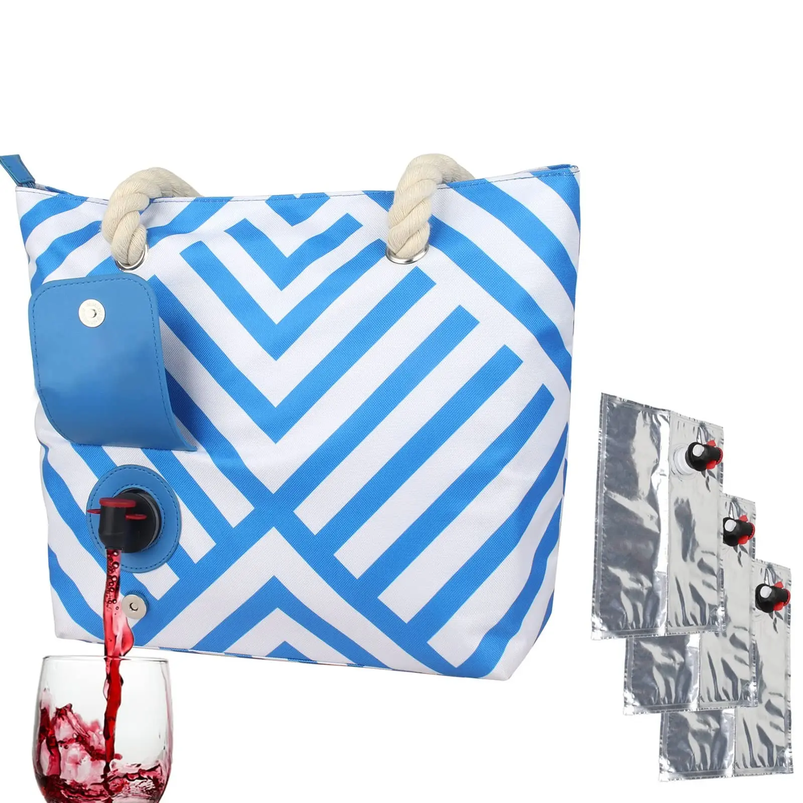 2/4-Pack Wine Carrier Bag with Insulated Water Bottle, Blue Striped Portable Backpack Cooler Bag for Outdoor Travel, Beach, Camping, Picnic, Cold Insulated Bag