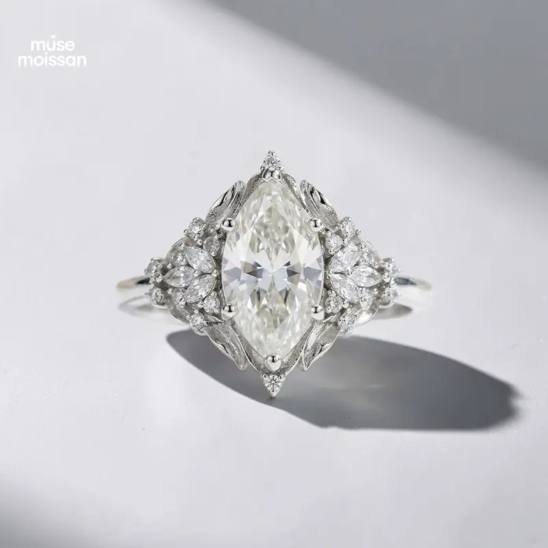 Muse Moissan Vintage Crown Cut Princess Engagement Ring, Women's Fashion Jewelry in S925 Sterling Silver with 3 Carat Marquise Moissanite, Beautiful Rings, Crown Shape Ring