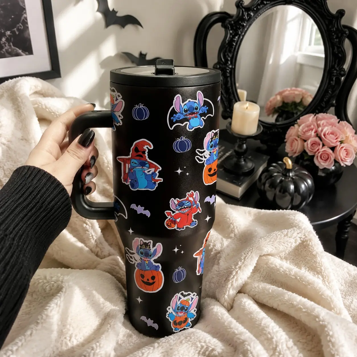 1PC 40oz Stitch Halloween Cartoon Insulated Tumbler with Handle, Stainless Steel Travel Mug, Double Wall Vacuum Cup with Lid, Keeps Drinks Cold 24H Hot 12H, for Coffee, Iced Drinks, Daily Use, Holiday Gift for Friends & Family, Drinkware