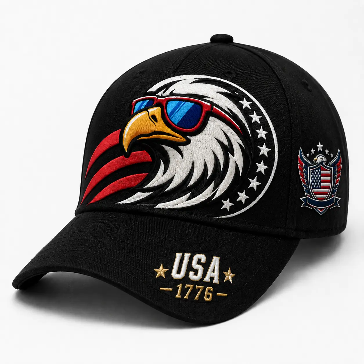 USA 1776 Patriotic Eagle Baseball Cap with Sunglasses Embroidered Snapback Hat Black Tactical Style America Flag Hat Vintage Freedom Bald Eagle Dad Hat Adjustable Unisex Streetwear Gift for Men Women Fourth of July Independence Day USA Pride Cap