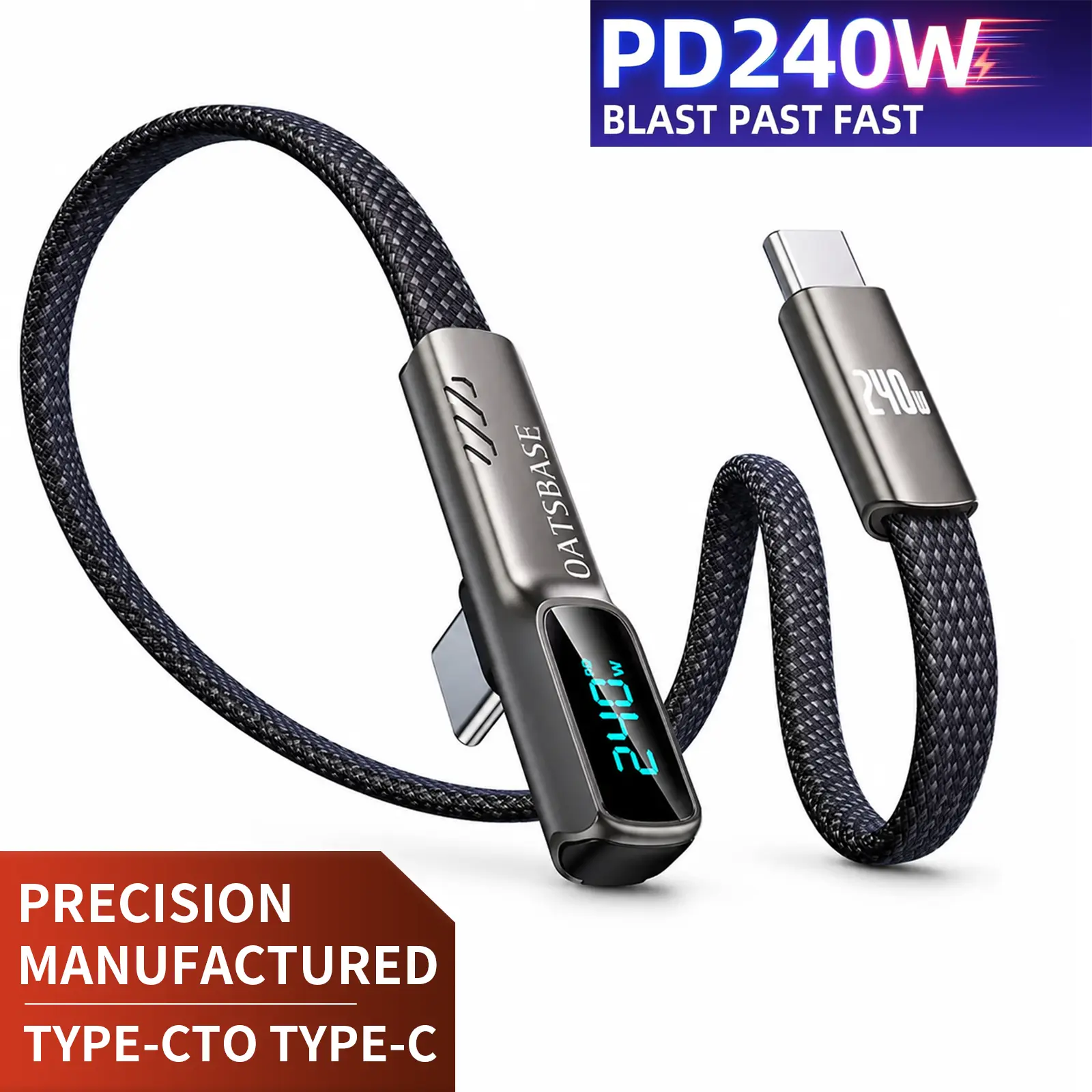 240W Fast Charging & Data Sync Cable with USB-C Plug - 6ft Right-Angle Ultra-Flat Nylon Braided Charger Cord with Smart Digital Screen Power Meter for Gaming Smartphones, Cellphones, Black