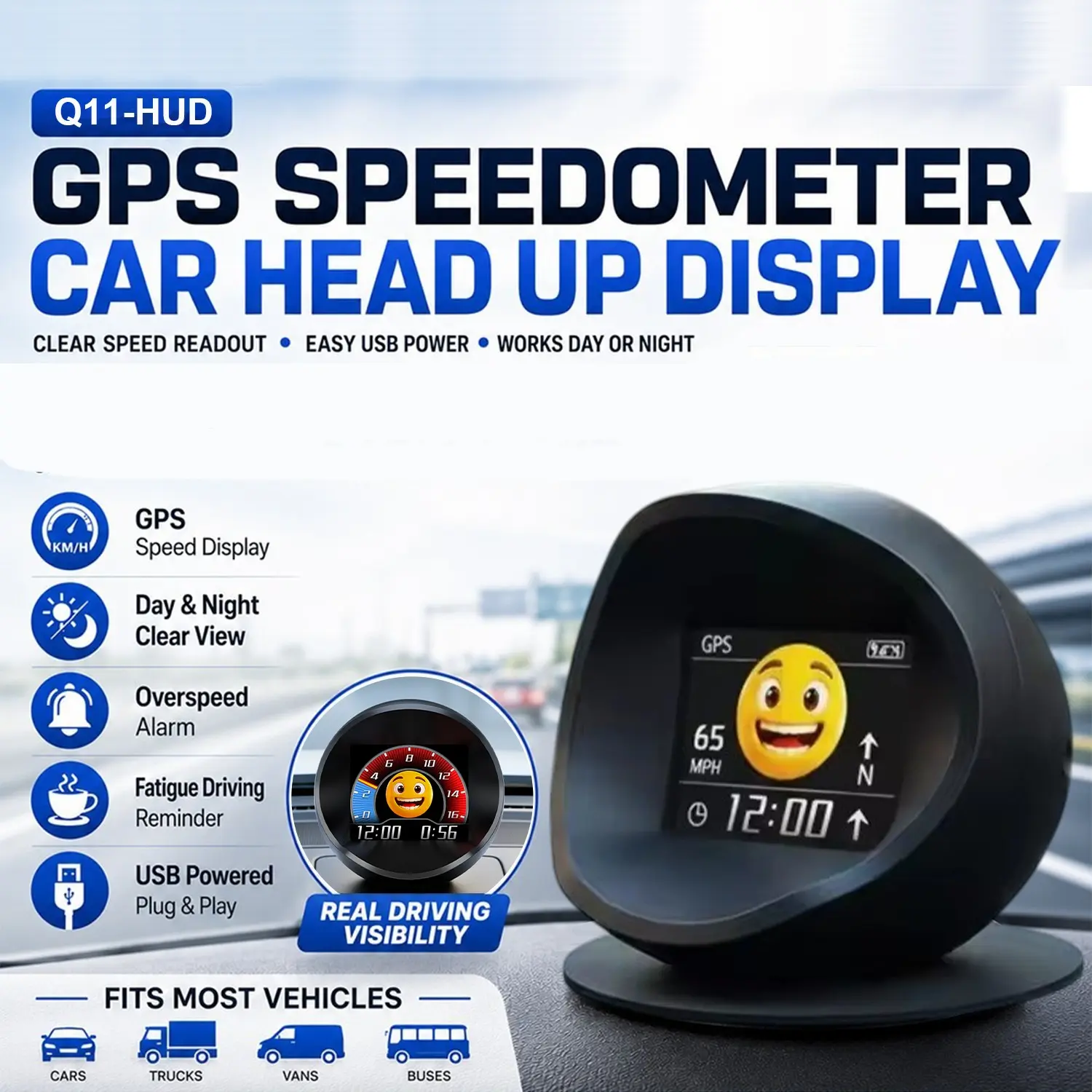 Q11 GPS Digital Car Speedometer, Speed and Over-Speed Alarm, Dynamic Face Expressions, Multi-Language, USB Plug-And-Play, Zero Power Consumption