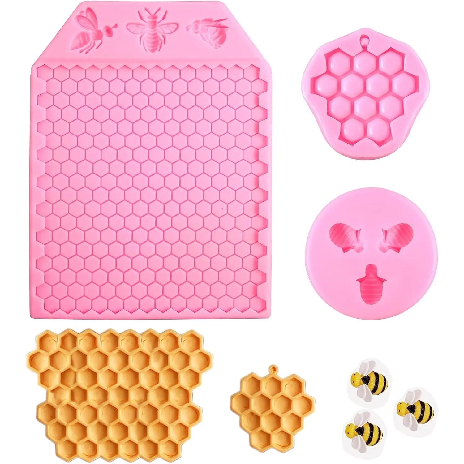 3 Packs 7 Cavity Bumble Bee Silicone Mold Honeycomb Bees Chocolate Molds Silicone Beehive Fondant Beehive Baking Molds Candy Mold (Honeycomb Bee)