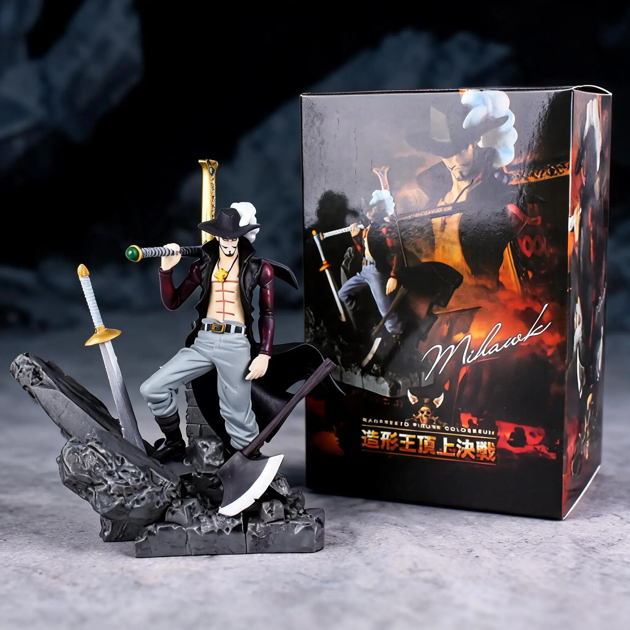 One Piece Eagle Eye Mihawk Figure, Collectible Figurines, Classic Standing Pose, Sword Details, Cross Scar, Rock Battlefield Base, PVC Material, Collectible Model