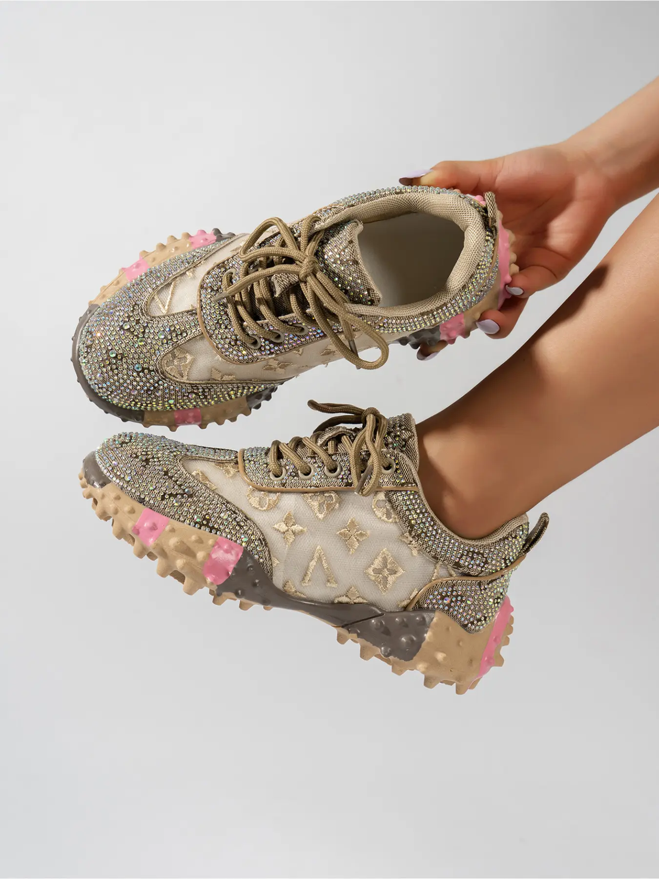 Women's Shoes Vintage Mesh Embroidery Full Rhinestone Chunky Sneakers Lace Up Multicolor Rugged Block Sole Soft Insole Non Slip Outdoor Street Party Daily Walking Casual Shoes