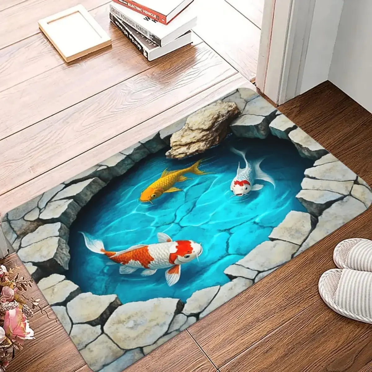 1 Piece 3D Illusion Pond Carp Door Mat Print Design Soft Kitchen Floor Mat Living Room Laundry Room Decoration Carpet Decorative Rug Animal Printed Rug, Boho Printed Rug, Boho Graphic Rug, Bohemian Style Rugs, Soft Area Rug