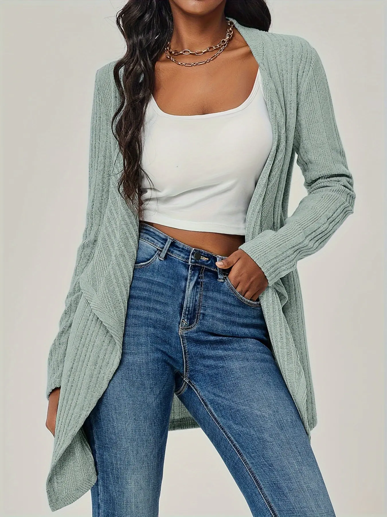Loose Vertical Stripe Open Front Cardigan, Women's Light Asymmetrical Neck, Soft Skin-Friendly Daily Layering Outerwear