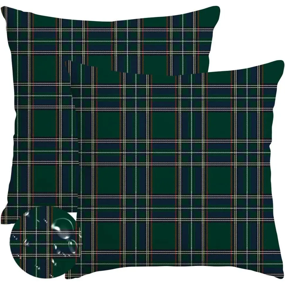 Christmas Pillow Covers, 18x18 in Set of 2, Scottish Tartan Classic Throw Decorative Cushion Cases for Indoor/Outdoor Use, Patio/Couch Festive Dark Green Christmas Decor