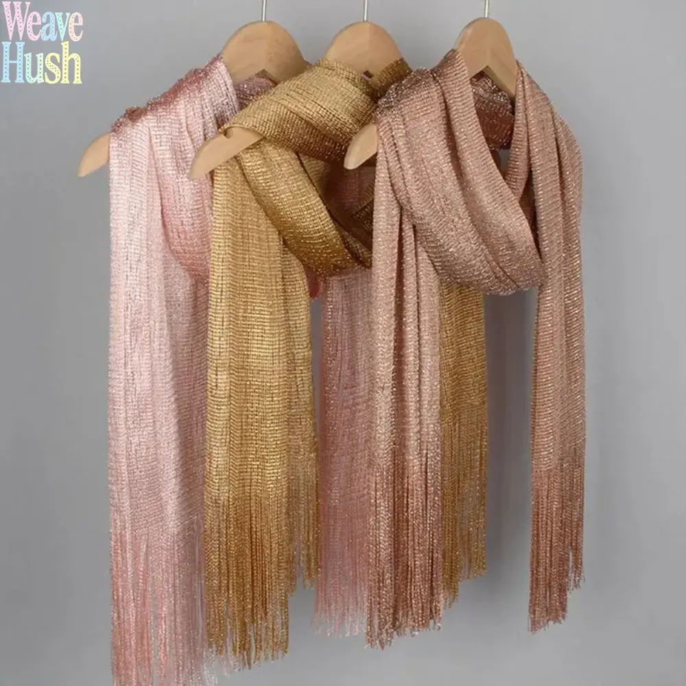 Women’s Metallic Glitter Sheer Polyester Scarf - Shimmer Gold, Silver, Rose Gold Tassel Decor Shawl, Lightweight Wrap, Elegant Cover-Up For Evening Gowns, Weddings, Tassels