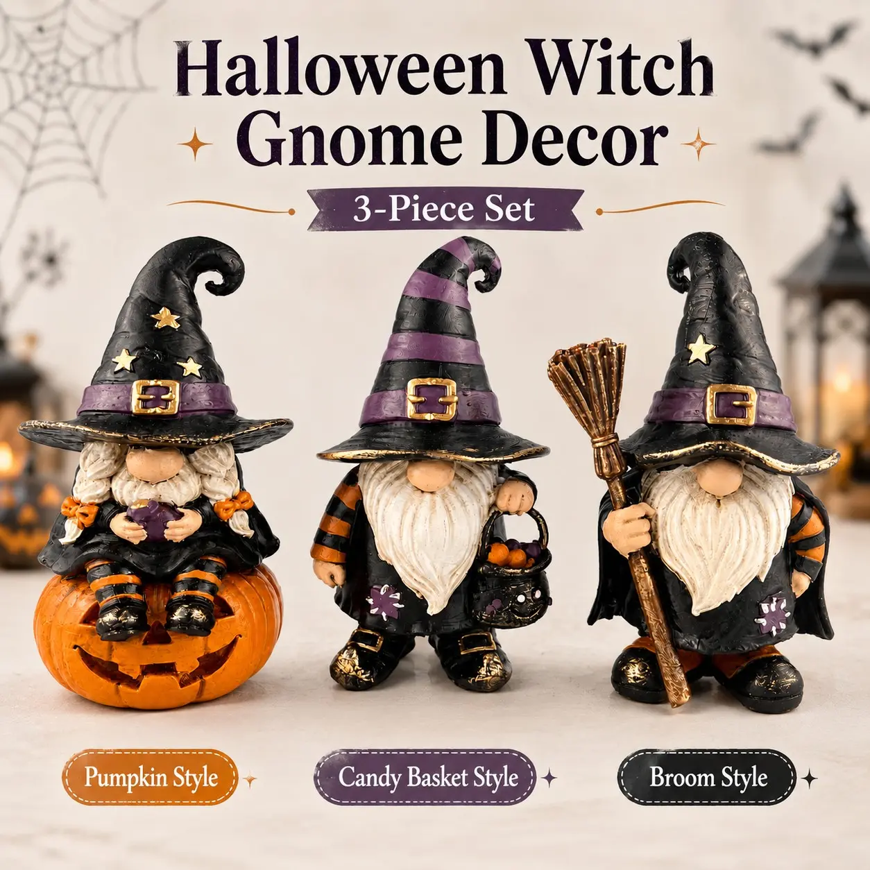 Halloween Witch Goblin Set, Resin Material, Pumpkin Candy Basket and Broom, Cute and Spooky, Desktop, Shelf, Fireplace Decor, Halloween Party, Home Decoration