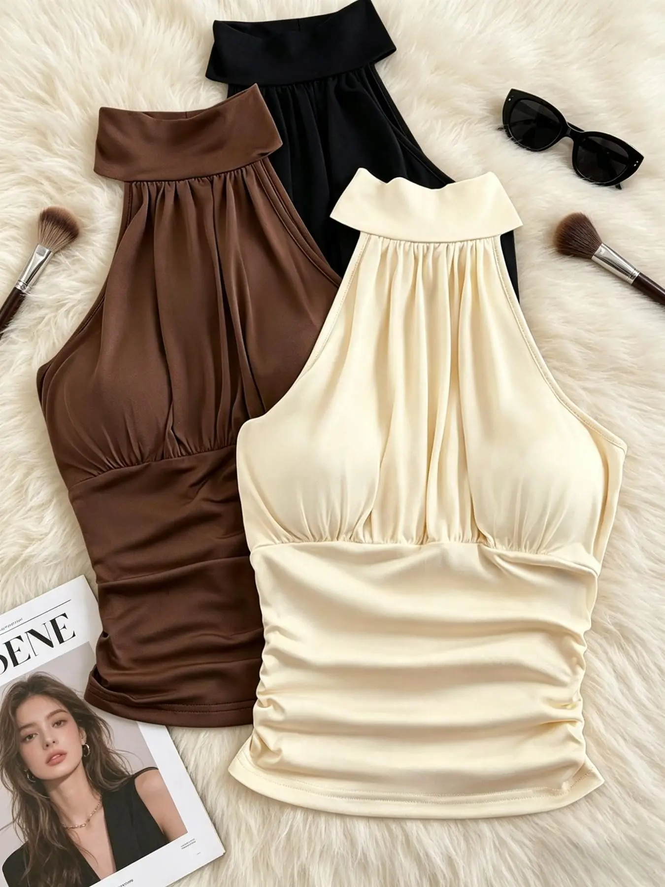 Korean Style Simple Stand Collar Halter Sleeveless Vest Tops, Elegant Elastic Fabric, Side Pleats, Body-Conforming Innerwear, Choose 1/3 Pieces