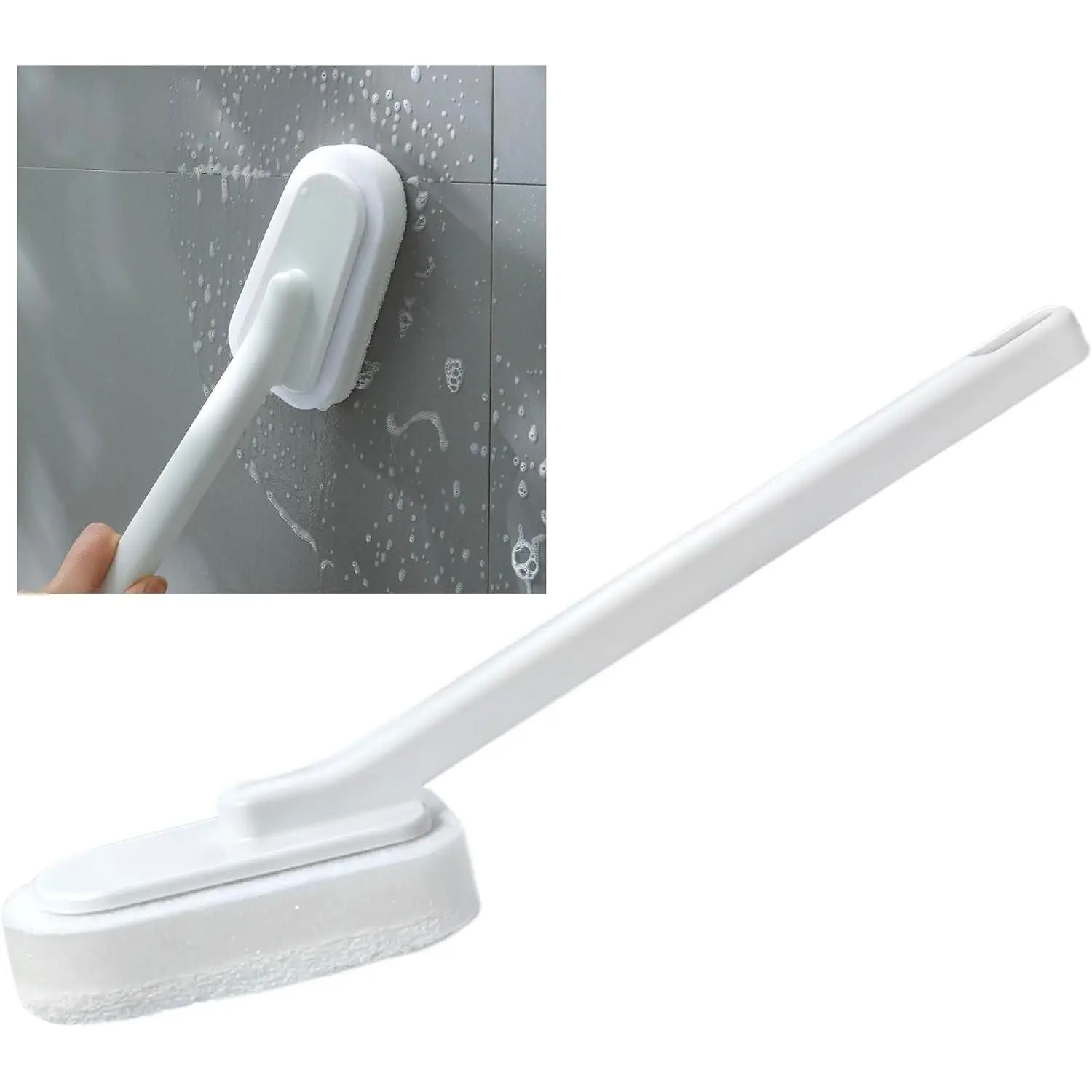 Extended Handle Sponge  with Integrated Scouring Pads:  Kitchen, Bathroom & Shower Cleaning Tool for Effortless Wash & Scrubbing (Long Handle Brush Sponge)