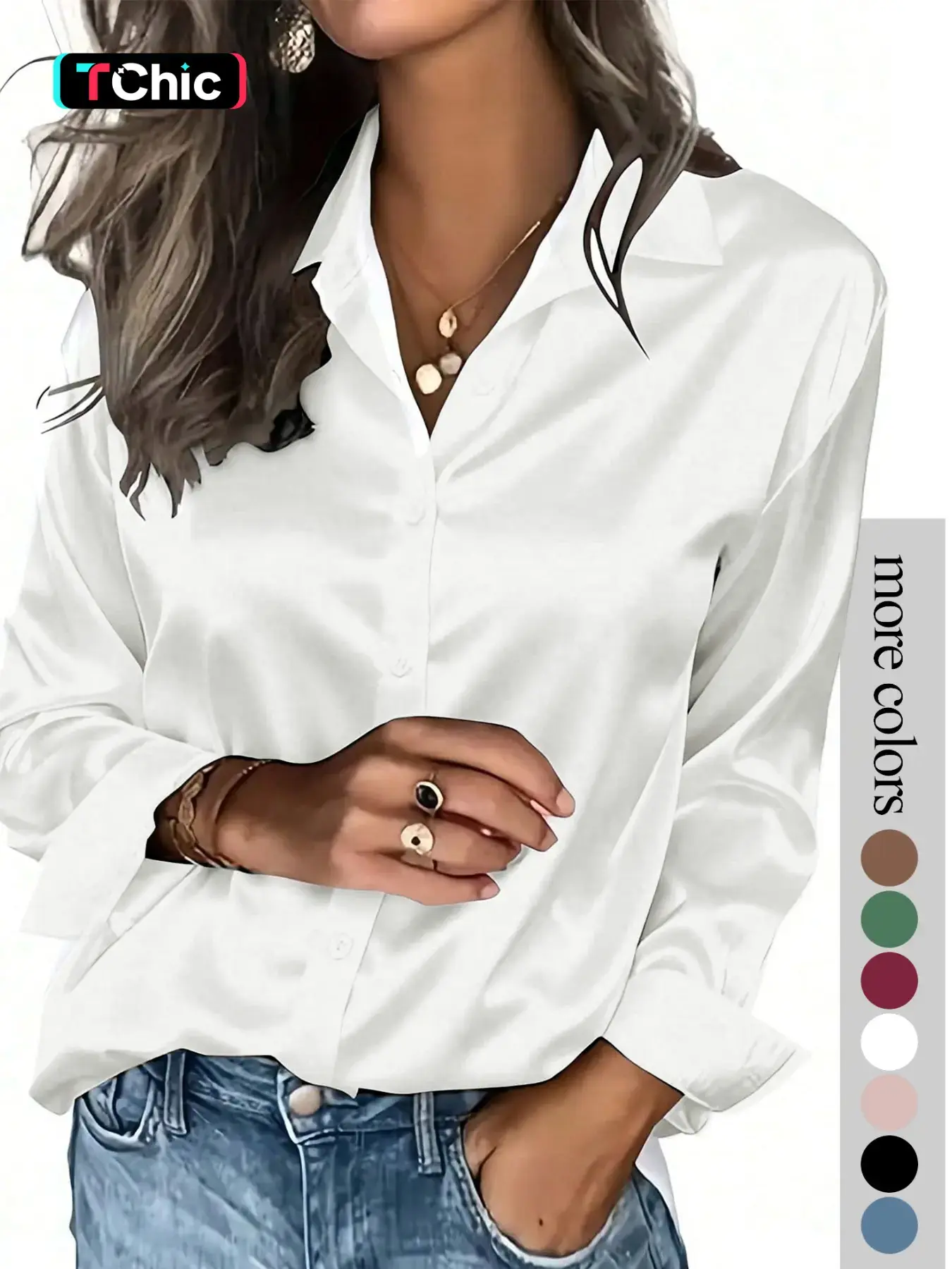 Women's Lady solid color satin button-down long-sleeved casual Basic Fitted shirt, made of fashionable silk fabric, suitable for Casual Business Style casual office wear and commuting, and appropriate for both spring and autumn, Tops, Blouses, Womenswear