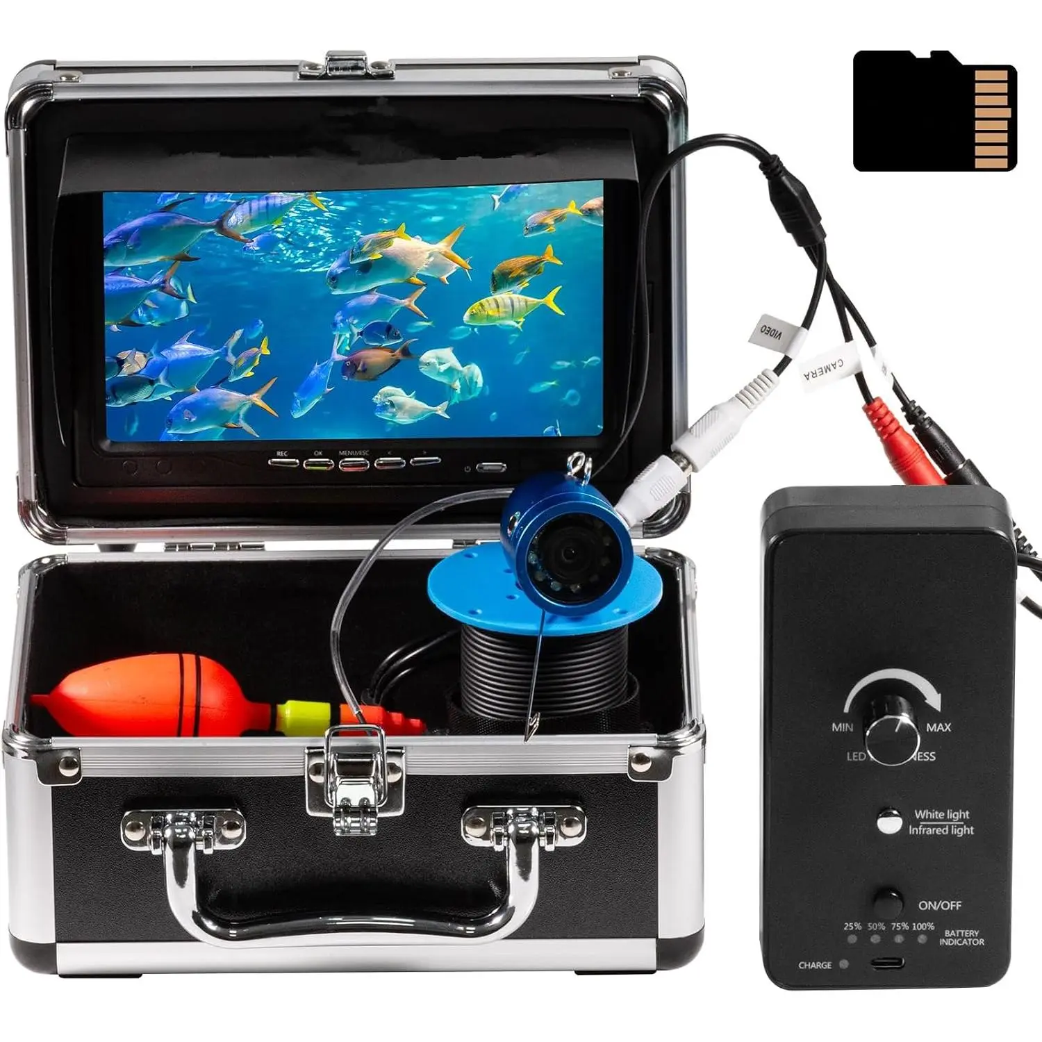 Portable Underwater Ice Fishing Camera with 1200TVL Lens, 7" 1024x600 Screen, DVR (32GB Card Included), 30m Cable, 10000mAh Battery, 12 White+12 IR LEDs, Buttons, Compact Aluminium Case, Durable