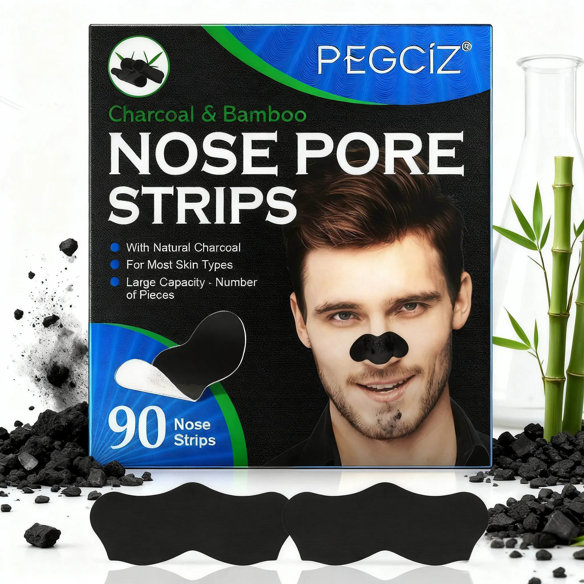 Blackhead Nose Strips 90 Pieces, Natural Charcoal Ingredients, Deep Pore Cleansing, Balances Oil, Gentle Exfoliation, Suitable for All Skin Types