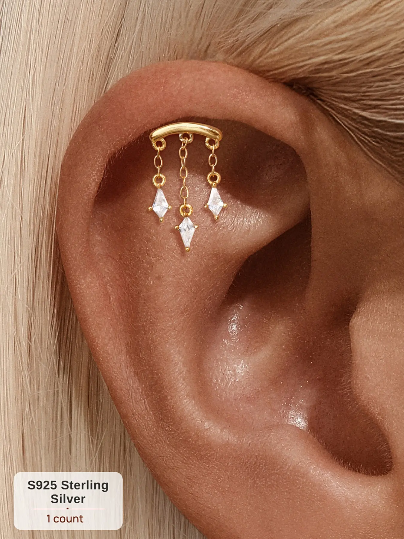 1Pc Waterproof S925 Sterling Silver Gold Plated Flat Back Stud Earring, Hypoallergenic Cartilage Earrings, Non-Tarnish Hypoallergenic Y2K Rhinestone Accessories, Teardrop CZ Liquid Chain Dangle Cartilage Helix Piercing Bridal Wedding Party Jewelry Gift