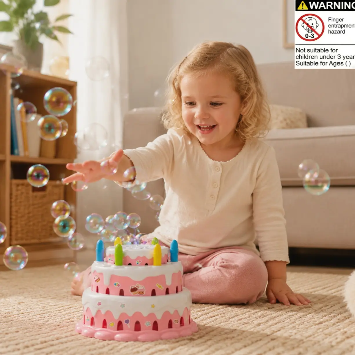 Kids Birthday Cake Shaped Bubble Machine with Lights & Music, Automatic Bubble Maker, Party Gift for Boys Girls, Random Stickers Included, Bubbles Machine