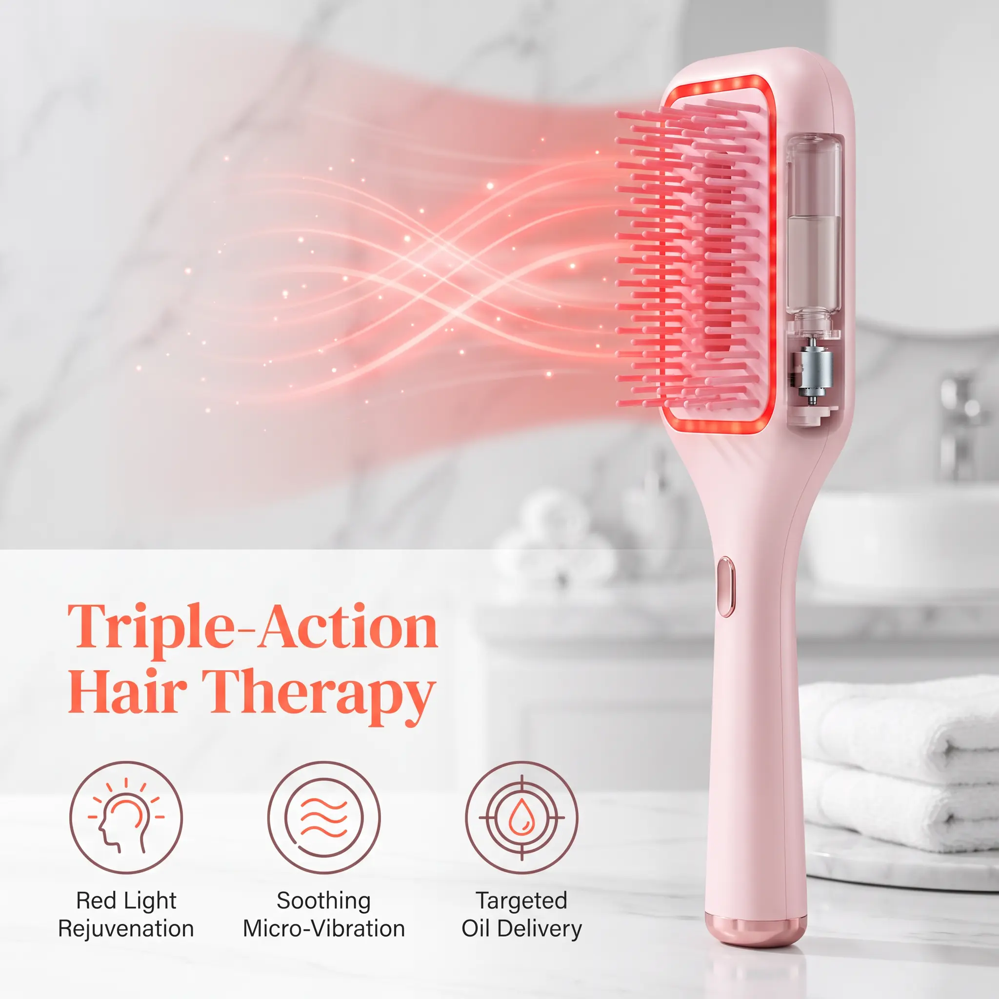Compact Vibrating Red Light Scalp Brush with Silicone Bristles, Oil Chamber Hair Oil Applicator, Relaxing Scalp Care Tool for Daily Hair Care & At-Home Spa, Sensitive Skin