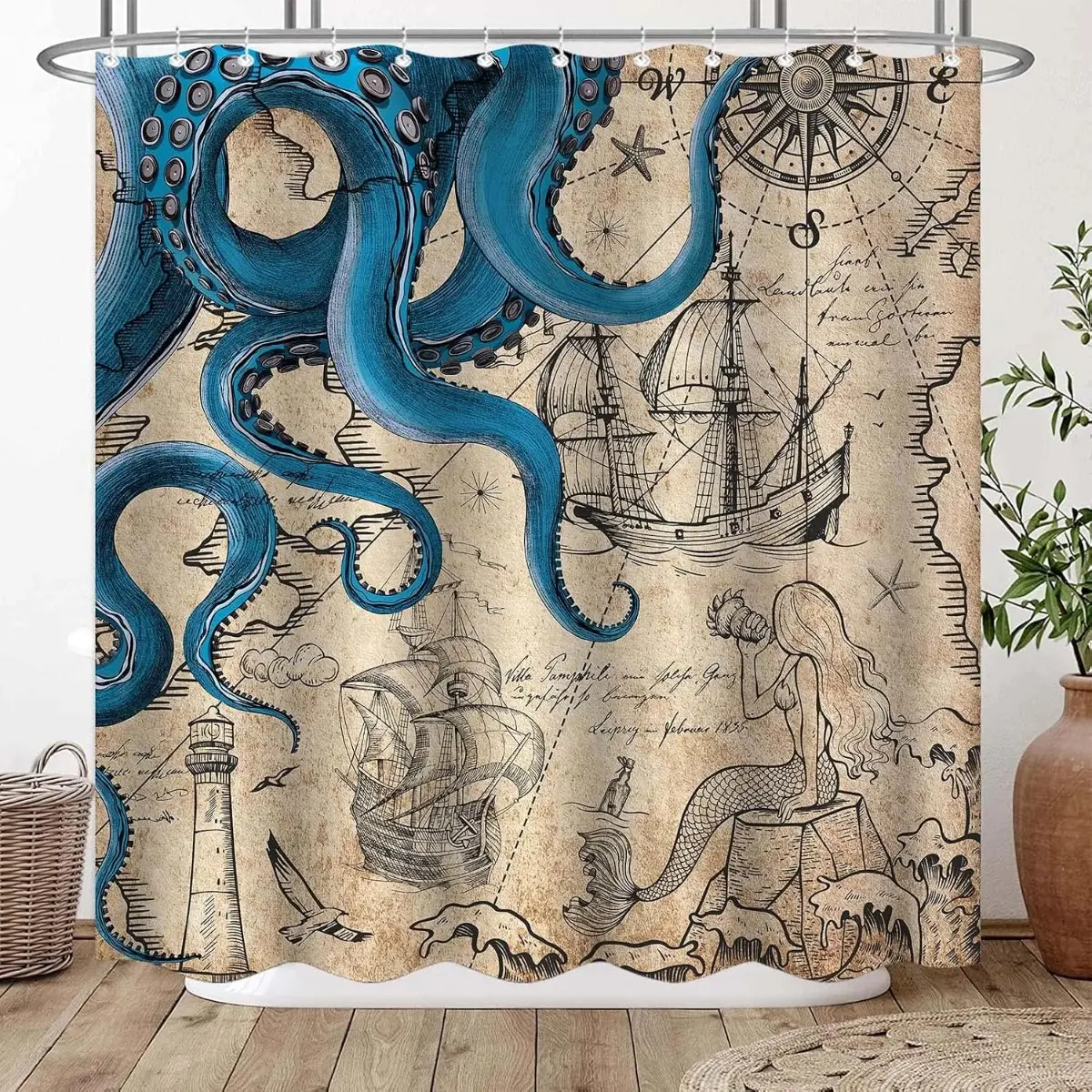 Vintage Nautical Octopus Shower Curtain, Navy Blue Kraken Mermaid Ocean Map Shower Curtain Set with Hooks, Coastal Bathroom Decor Curtain for Beach House Marine Theme