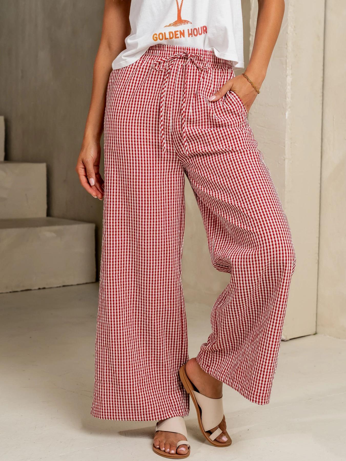 Women's Plaid Wide Leg Pants, Casual Loose Straight Fit, Drawstring Waist, Pockets, Home Sleepwear, Loungewear, Spring & Fall Fashion