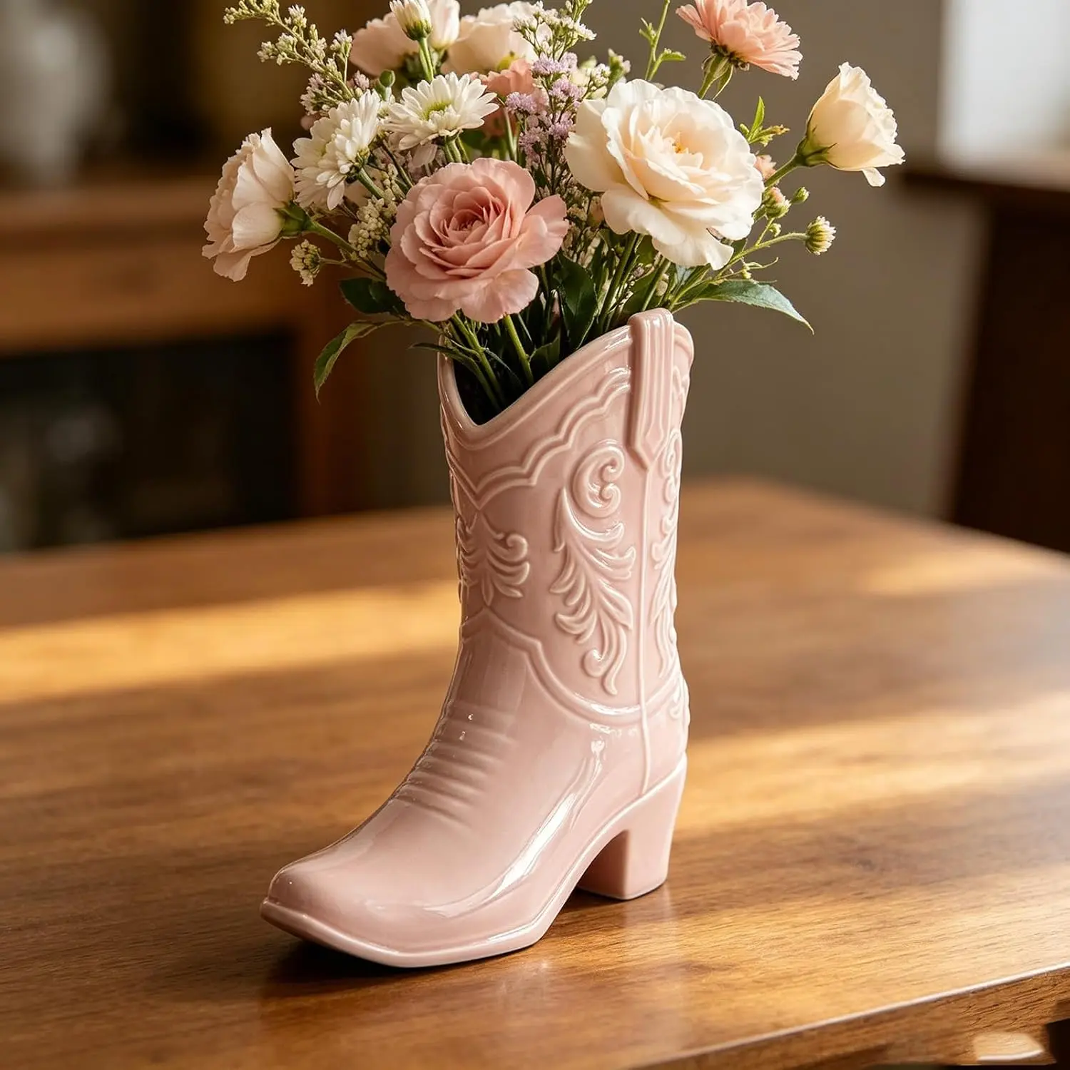 9.13 in Decorative Pink Ceramic Cowgirl Boot Vase - Unique Western Style, Waterproof, Ideal for Modern Country Home Decor Ornaments, Flower Display, Women's Gift, Water Proof, Cowboy Boot