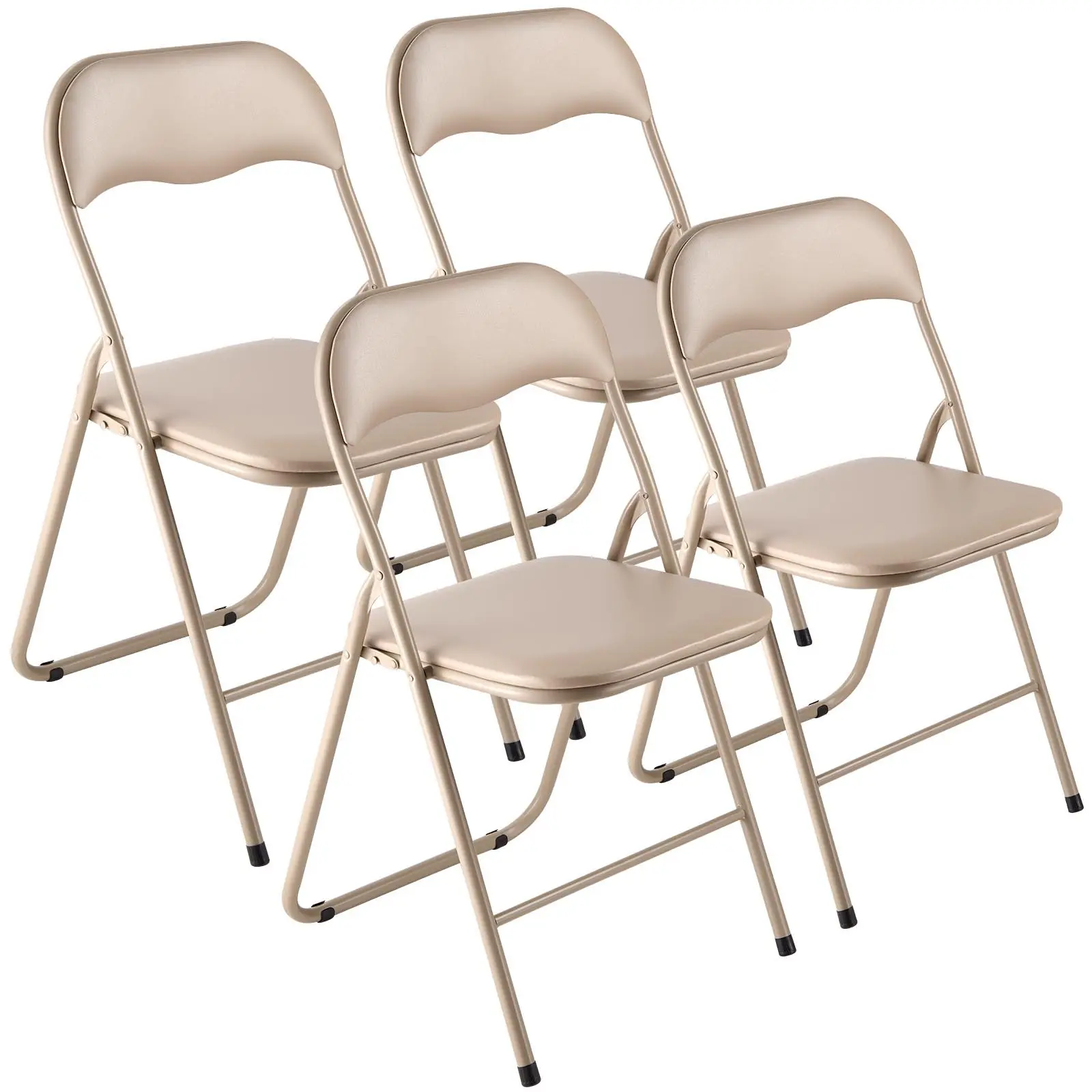 VEVOR 4 Pack Folding Chairs, Foldable Leather Chairs with Heavy Duty Metal Frame Padded Cushion, Portable Folding Card Table Chairs, Stackable Seats for Home, Yard, Garden, Parties, Events, Khaki
