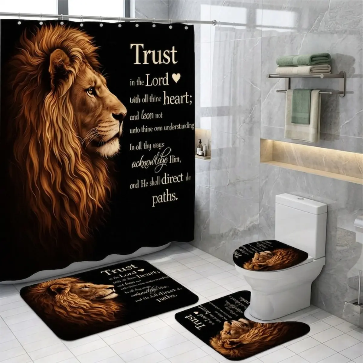 4pcs Lion Faith Bathroom Decor Set, Black Gold Roaring Lion Print, Christian Bible Verse “Trust in the Lord” Shower Curtain & Rug Mat, Thanksgiving Christmas Religious Home Decor TikTok Hot Search, Shower Curtain Set With Rugs