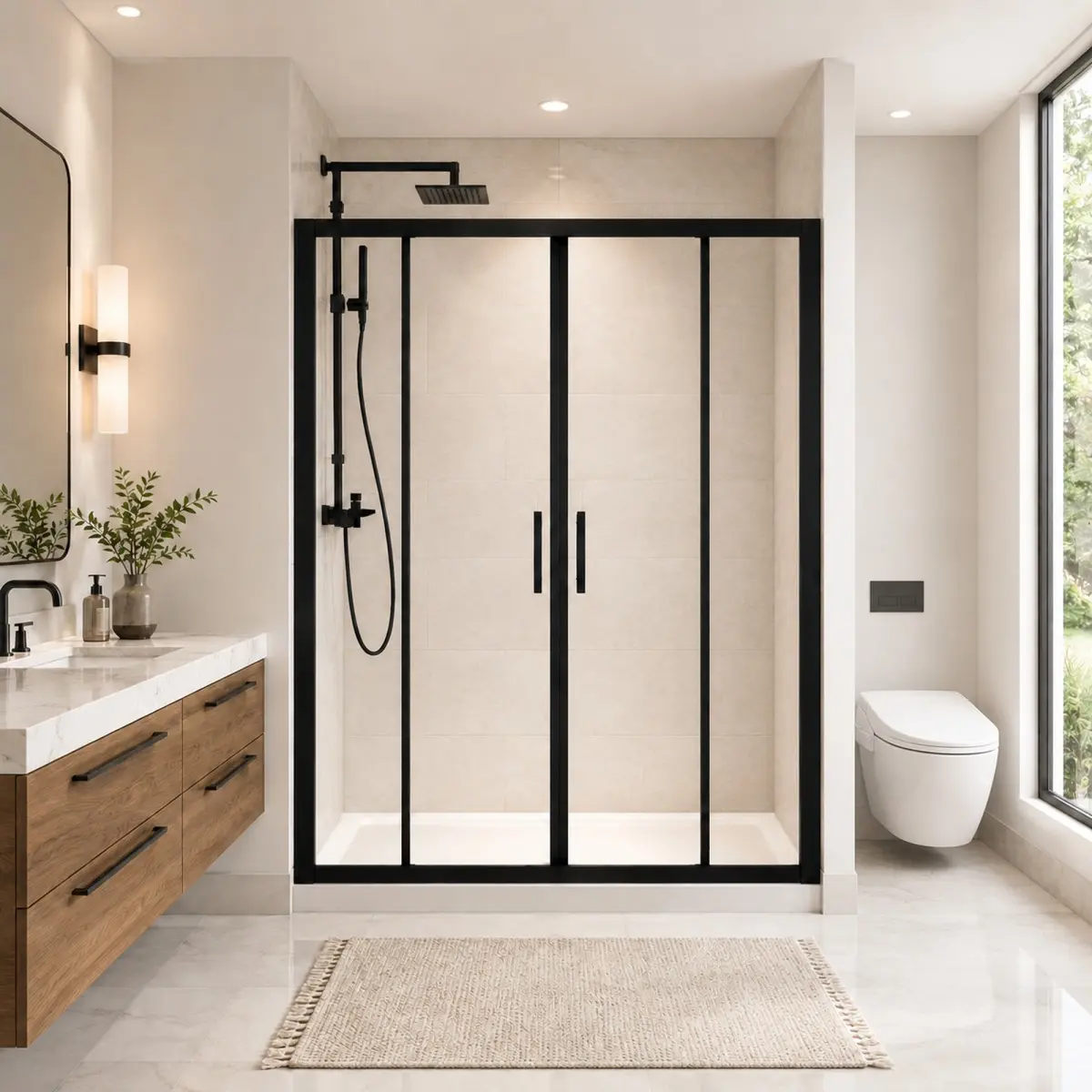 60" W x 72" H Double Framed Sliding Shower Door – 1/4" (6mm) Clear Tempered Glass, Matte Black Finish, Sturdy Rust-Resistant Frame, Smooth Rolling System, Easy-Clean Surface, Modern Bathroom Upgrade