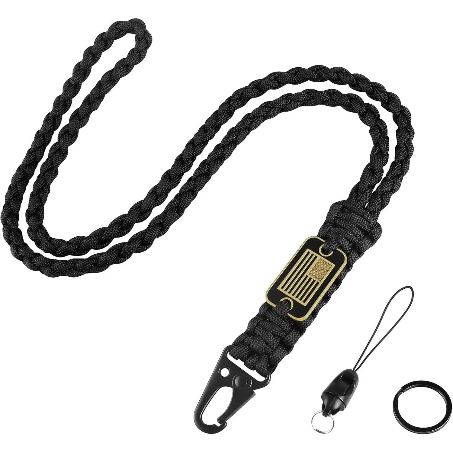 Black Paracord Key Lanyard for Men with Cool USA Flag Long Heavy Duty Braided Neck Lanyard for Keys Wallets Whistle Camera Phone Outdoor Activities