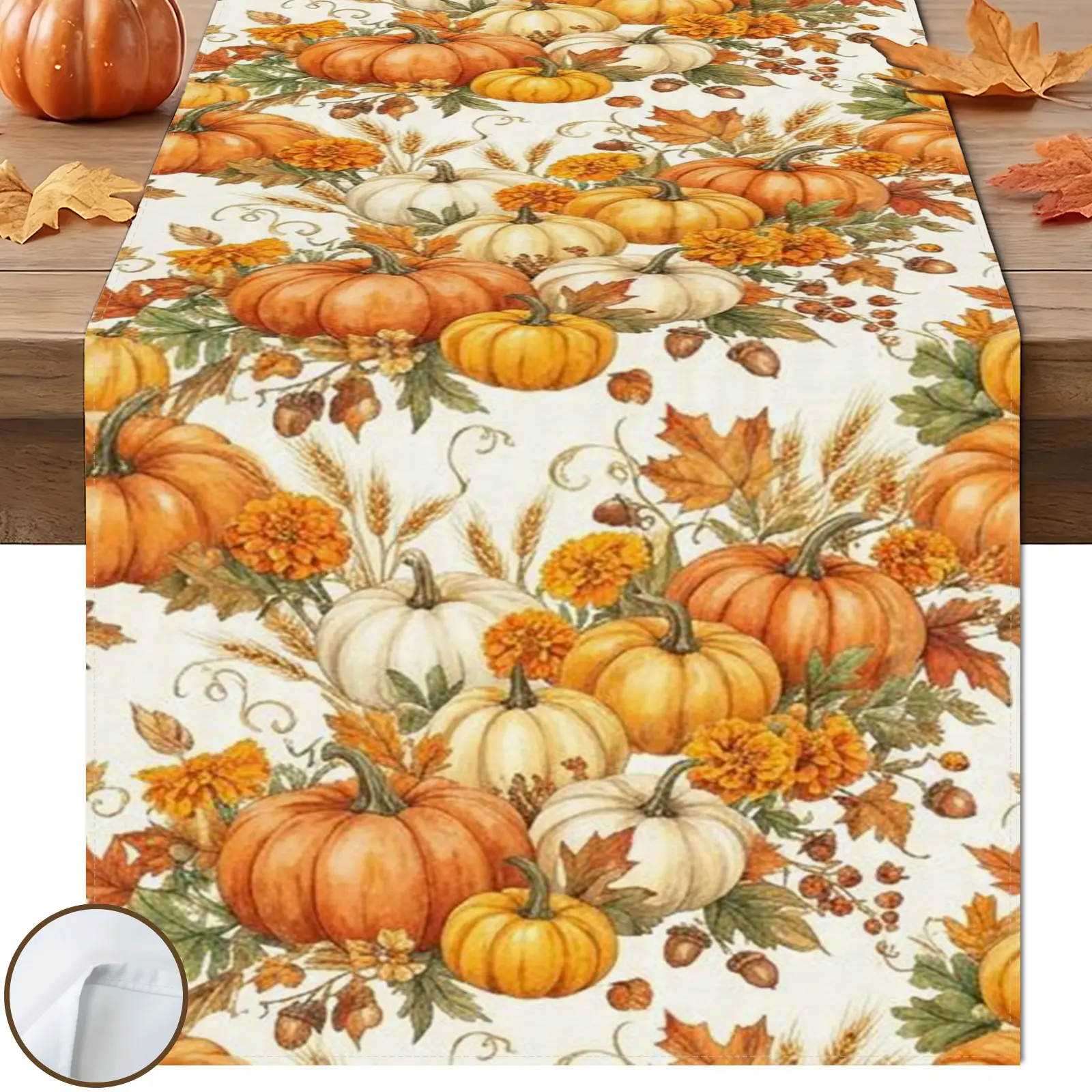 1pc Pumpkin Floral Table Runner, Autumn Watercolor Style, White Pumpkin Marigold Maple Leaf Wheat Design, for Thanksgiving Dining Table Home Decor