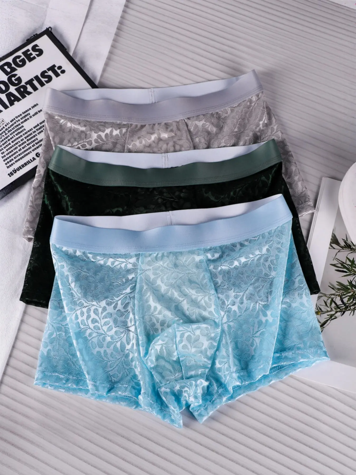 3-Pack Men's Ice Silk Low-Waist Boxer Briefs, Summer Style, Sexy Lace Design, Breathable Mesh, Ideal for Daily & Casual Wear