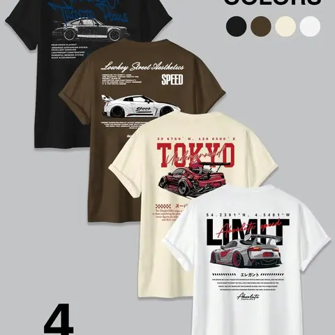Streetwear Hip-Hop Style Car Print Short Sleeve Relaxed Fit T-Shirt, Japanese Racing Culture Loose Fit Multicolor Top, Casual Summer Menswear Apparel