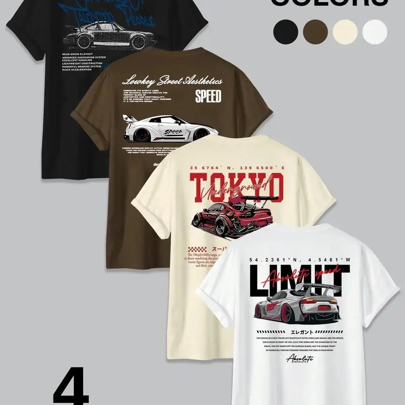 Streetwear Hip-Hop Style Car Print Short Sleeve Relaxed Fit T-Shirt, Japanese Racing Culture Loose Fit Multicolor Top, Casual Summer Menswear Apparel