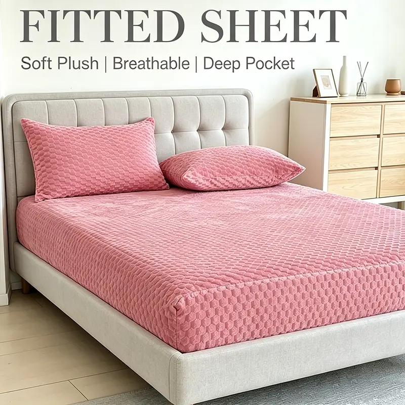 Grid Tufted Soft Plush 3-Piece Fitted Sheet Set, Thick Warm Fluffy Mattress Liner with Matching Pillow Covers, Full Surround Elastic Deep Pocket for Bedroom, Dorm & Guest Room Autumn Winter Decor