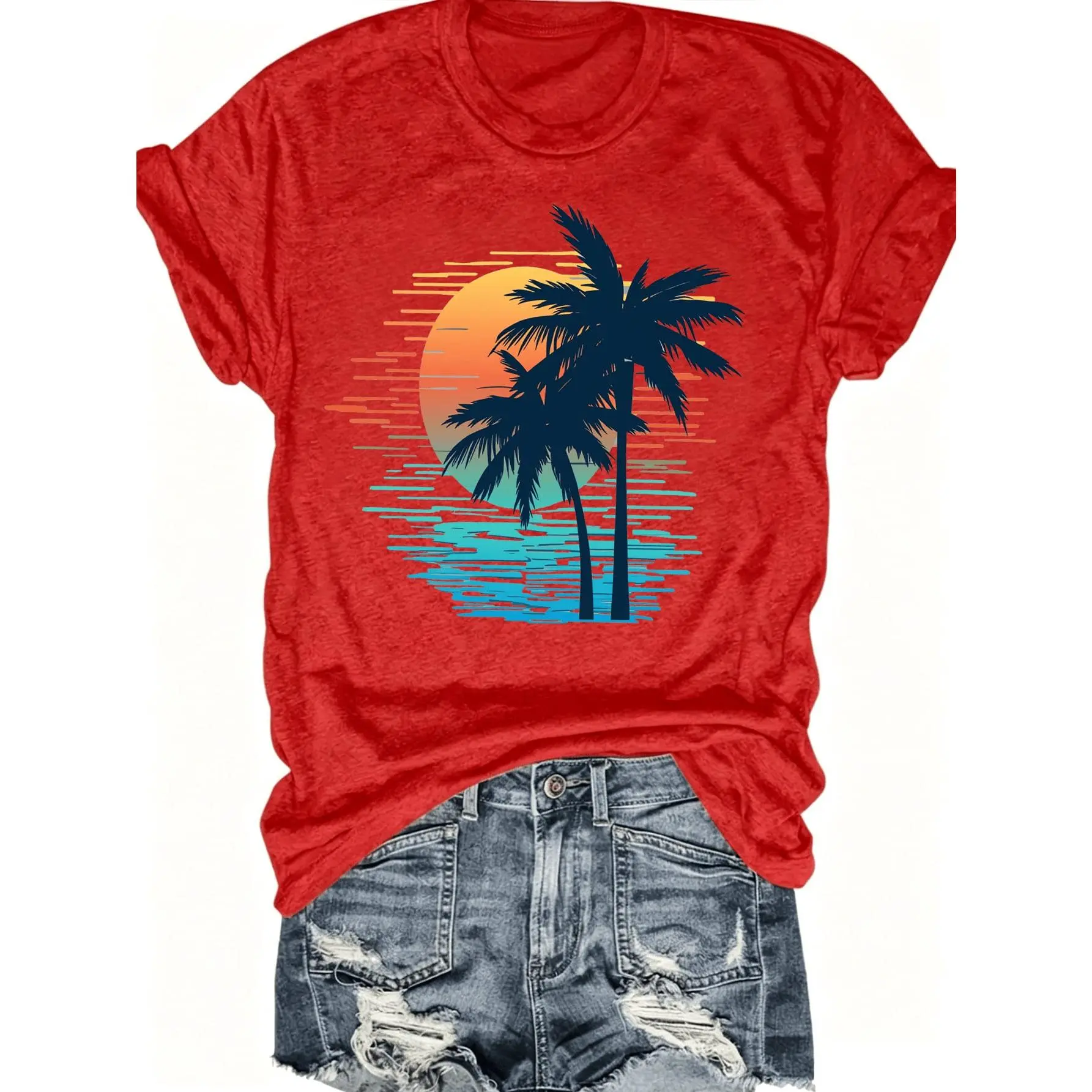 Women Retro Sunset Palm Tree Graphic T-Shirt Crewneck Tee Vintage 80s Surf Style Coastal Aesthetic California Beach Vacation Outfits Print Shirt