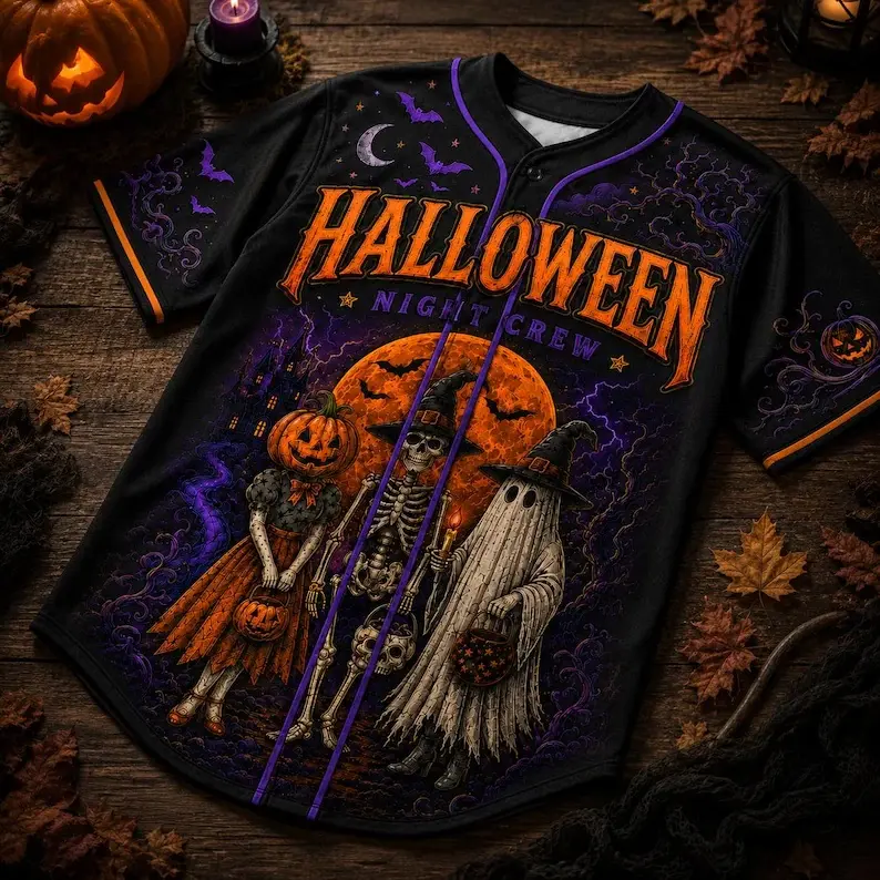 Horror-Themed Baseball Jersey, Button-Front Spooky Season Shirt, Multi-Size October Party Wear, Fall Festival Sports Apparel for Horror Fans