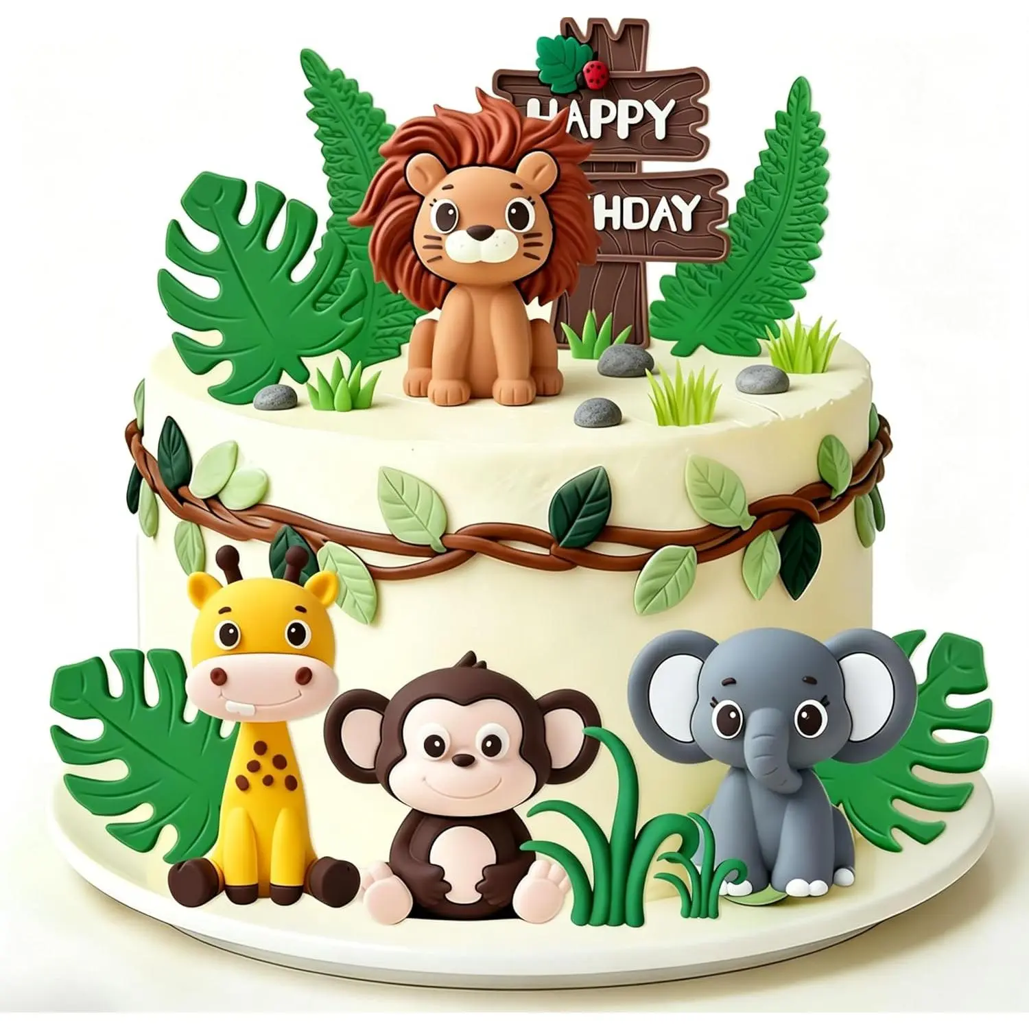Jungle Animals Adventure Cake Decoration Set, Safari Animal Tree Ornaments, Giraffe-Lion Cake Toppers for 1st Birthday & Baby Shower Party Supplies