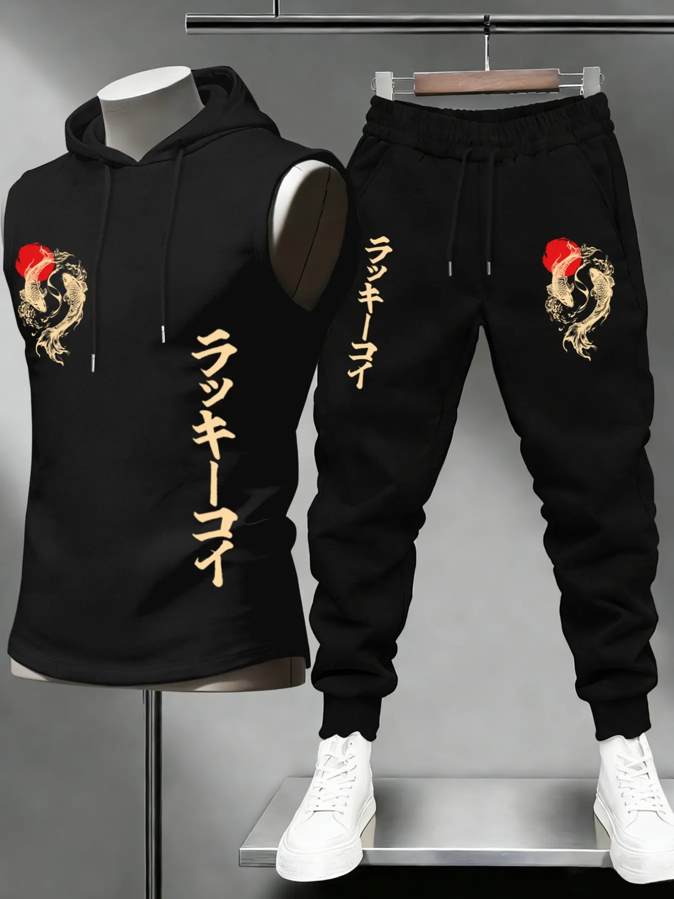2 Piece Men Drawstring Hooded Sleeveless Top & Cuffed Jogger Pants Matching Set Japanese Lucky Koi Fish Red Sun Vertical Kanji Text Matching Side Graphic Print Oriental Loose Streetwear, Casual Sport Set