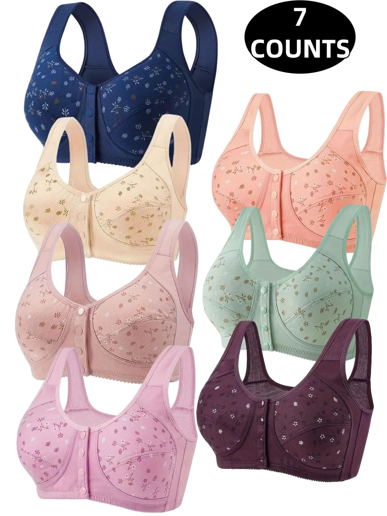 7-Pack Lightweight Floral Wireless Everyday Bras, Comfortable, Breathable & Elegant, Full Coverage Push-Up, Front Buckle Design, All-Season Wear