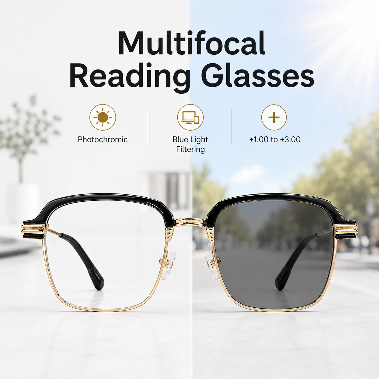 Unisex Photochromic Multifocal Reading Glasses, UV Reactive Color-Changing Blue Light Filtering Lenses, UV400 Semi-Rimless Black Gold Readers, Fixed Strengths +1.00 to +3.00 for Phone, Computer, Books, Office, Outdoor & Everyday Use