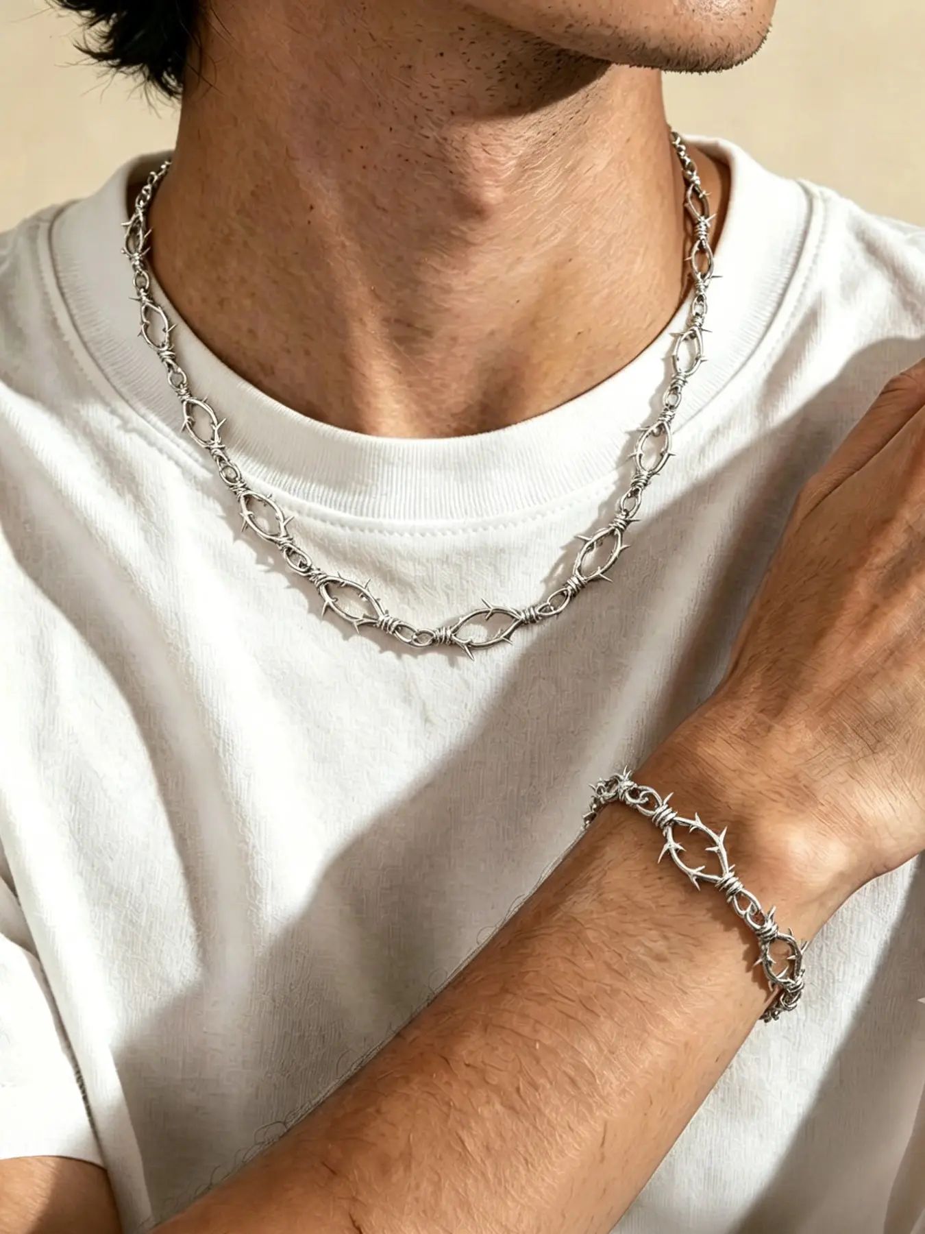 Men's Silver Color Thorn Wire Necklace Bracelet Set, Y2K Punk Style, Hip Hop Streetwear Accessories, Fashionable Jewelry Gift