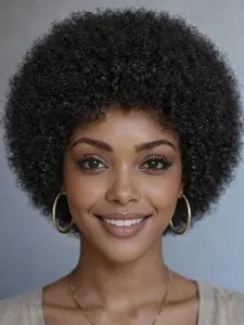 200% Density Afro Puff Curly Wave Human Hair Wig, Elastic Mesh Cap, Real Brazilian Hair, Bouncy & Soft, Natural Look, Party Wear