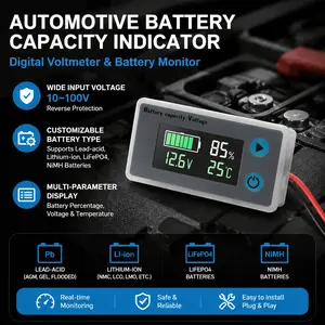Programmable Battery Capacity Monitor 10-100V LCD Display Percentage Indicator Real Time Voltage Temperature Meter for 12V 24V 36V 48V Lithium Lead Acid Battery Health Check Gauge Tester