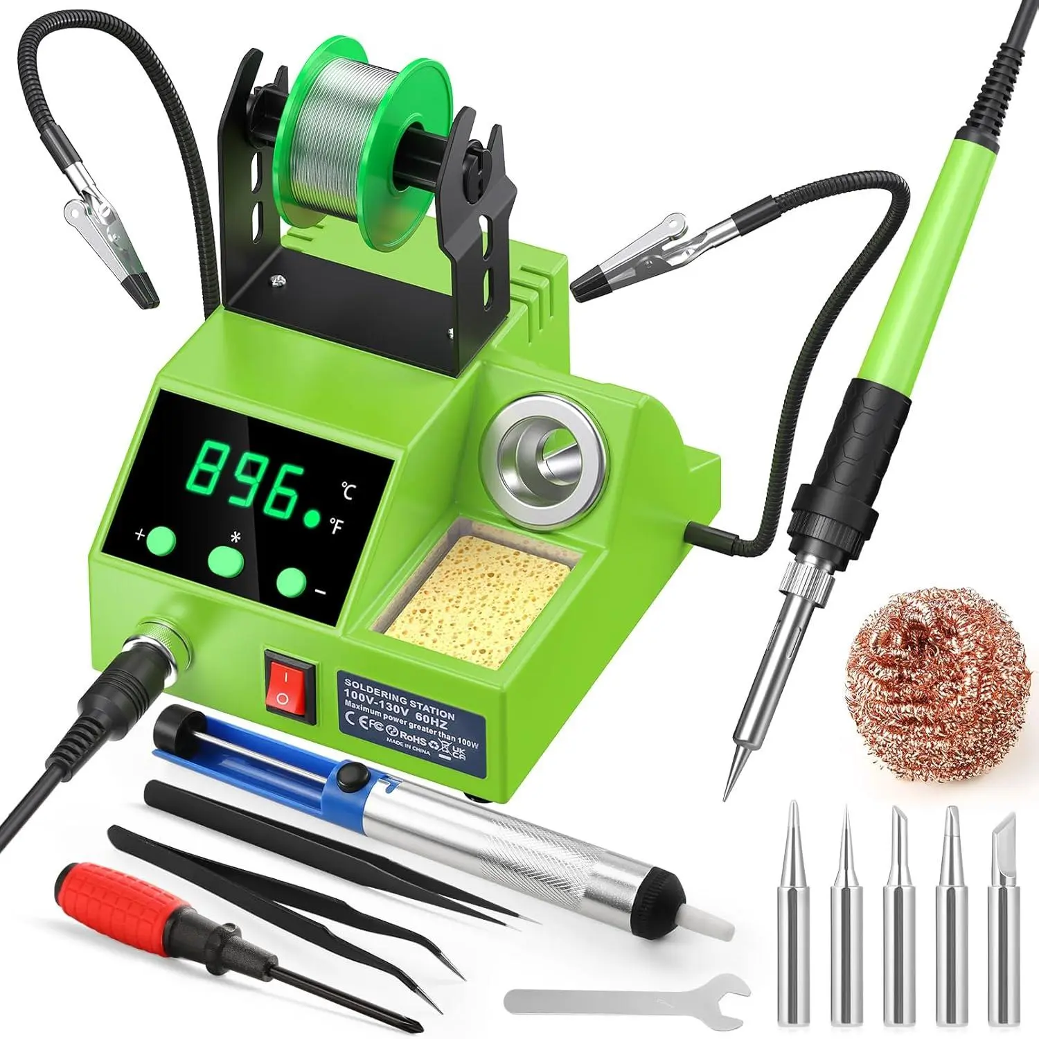 Soldering Station, 100W Display Soldering Iron Station Kit with 2 Helping Hands, 356°F - 896°F, Auto Sleep,°C/°F Conversion, Solder Wire, Tips, Stand, Pump, Tweezers, Tip Cleaner, Green